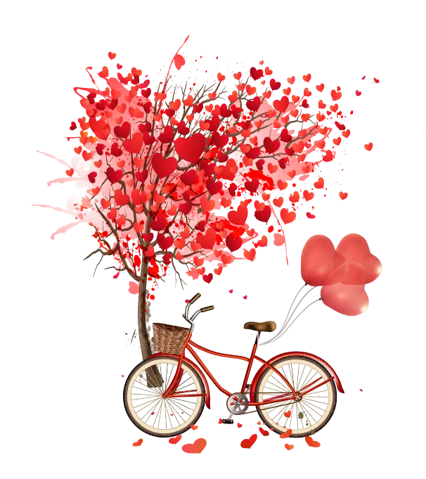 Red cruiser bike, Heart-shaped balloons, love, heart,