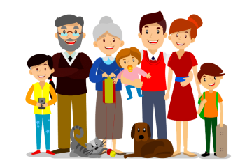 Extended family photo, grandpa and grandma with family