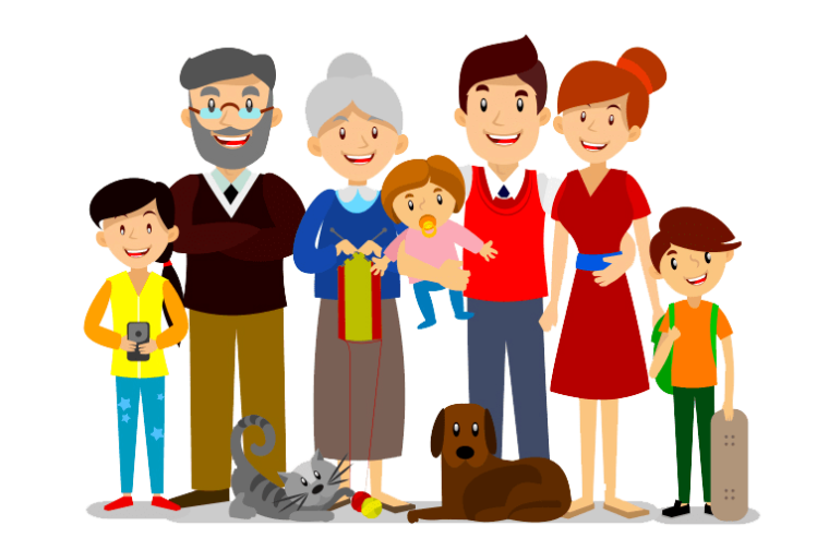 Extended family photo, grandpa and grandma with family