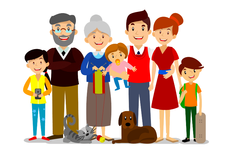 Extended family photo, grandpa and grandma with family