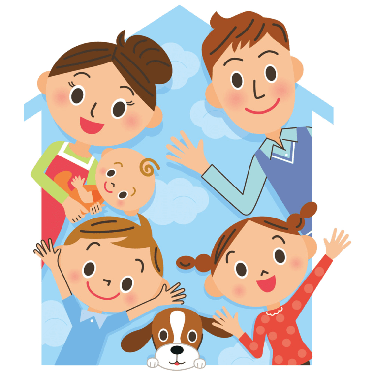 Family cartoon group selfy with pets photo by illustration
