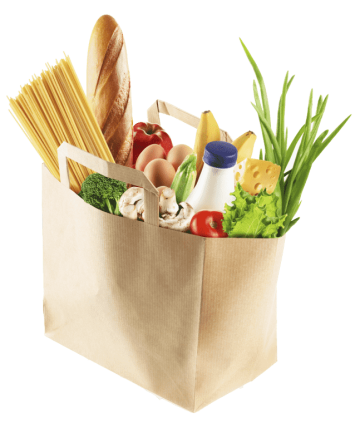 Organic food in paper bag, vegetarian supermarket food
