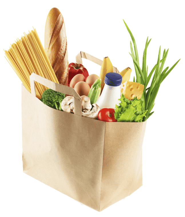 Organic food in paper bag, vegetarian supermarket food
