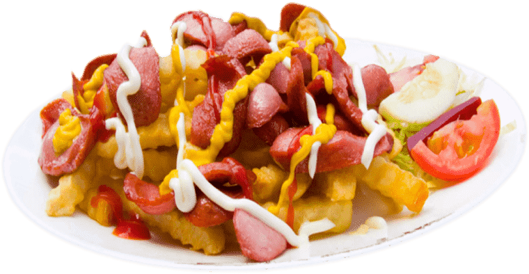 Plate of cooked food, salchipapas french fries, fast food