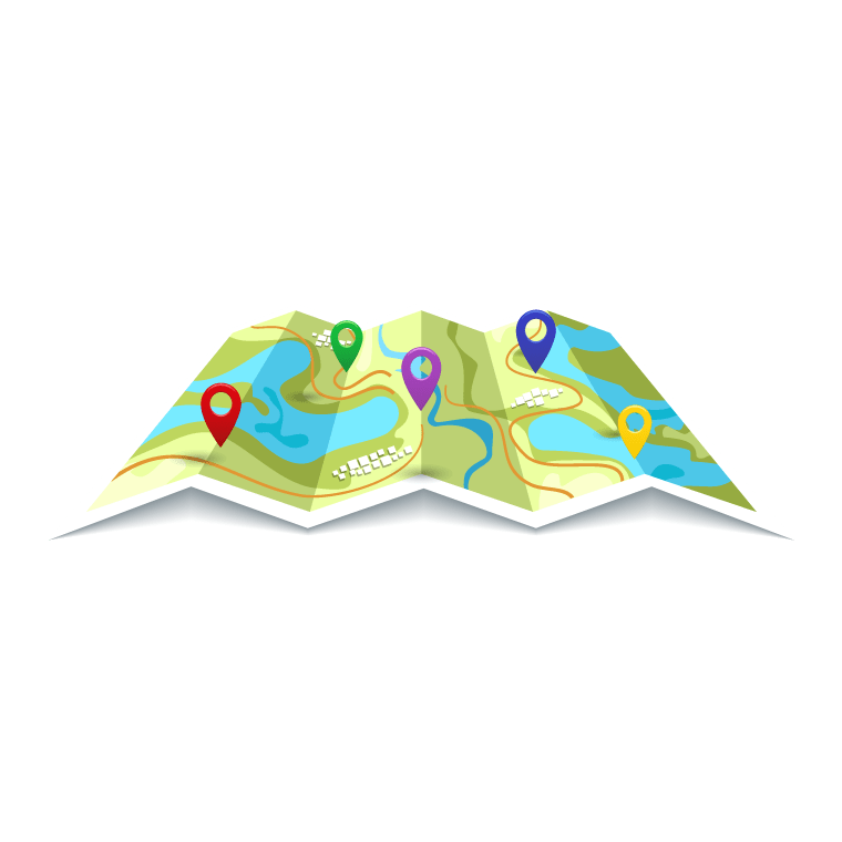 Flat map with colorful navigation pins of locations