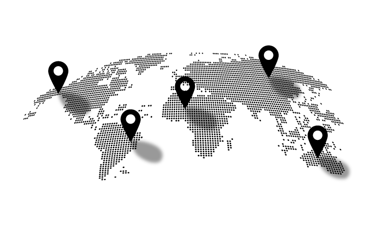 World map black and white with dotted and pointer